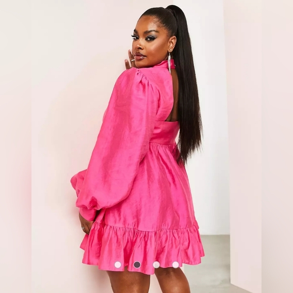 ASOS LUXE Curve Pussybow Cupped Mini Dress Blouson Sleeve Open Back Pink Size 18 - Picture 2 of 14